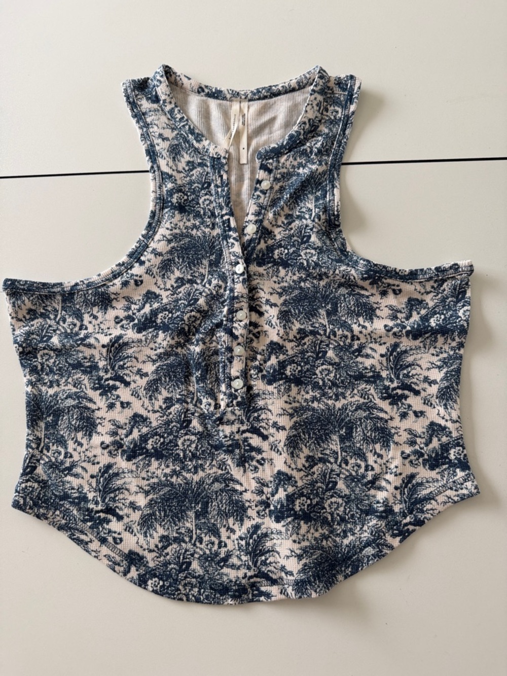 Anthropologie Blue Toile Ribbed Racerback Henley Tank Top M